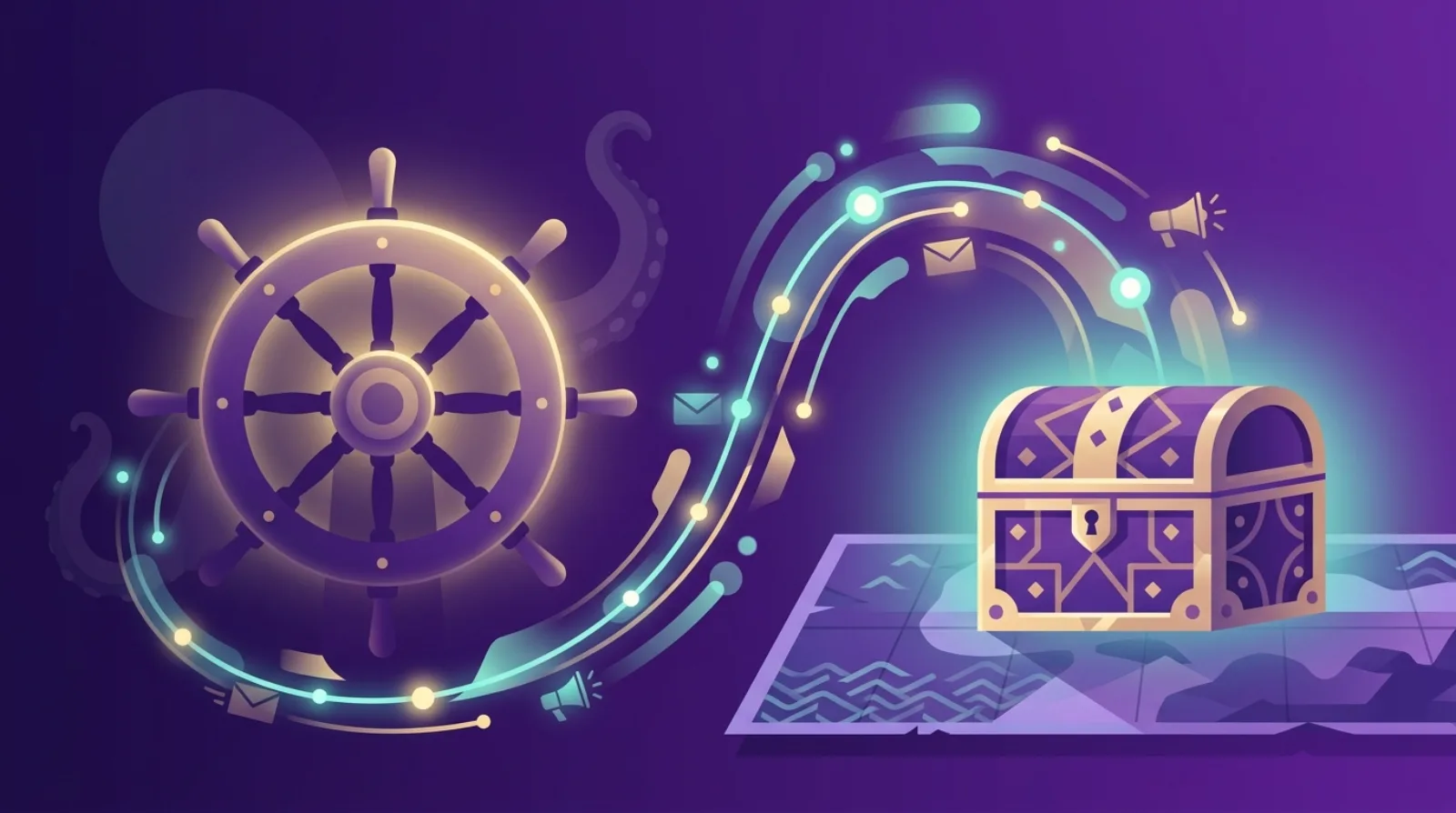 Illustration plate d'une carte au tresor avec des flux de donnees lumineux entre la barre d'un navire et un coffre de marketplace, symbole du passage de relais marketing apres le rachat d'un business en ligne