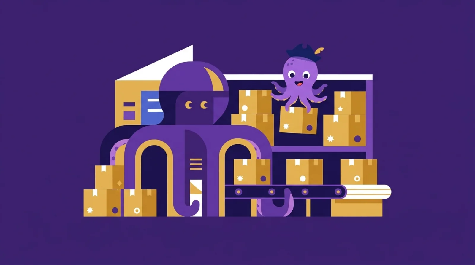 Illustration éditoriale plate d'un entrepôt de fulfillment stylisé avec des cartons sur un tapis roulant et une mascotte pieuvre — marketplace de business Amazon FBA