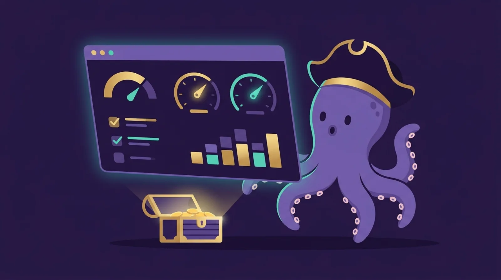 Illustration éditoriale plate d'une mascotte pieuvre pirate examinant un dashboard app store lumineux avec des jauges de stabilité et un coffre au trésor, symbole de la due diligence technique d'une appli mobile.