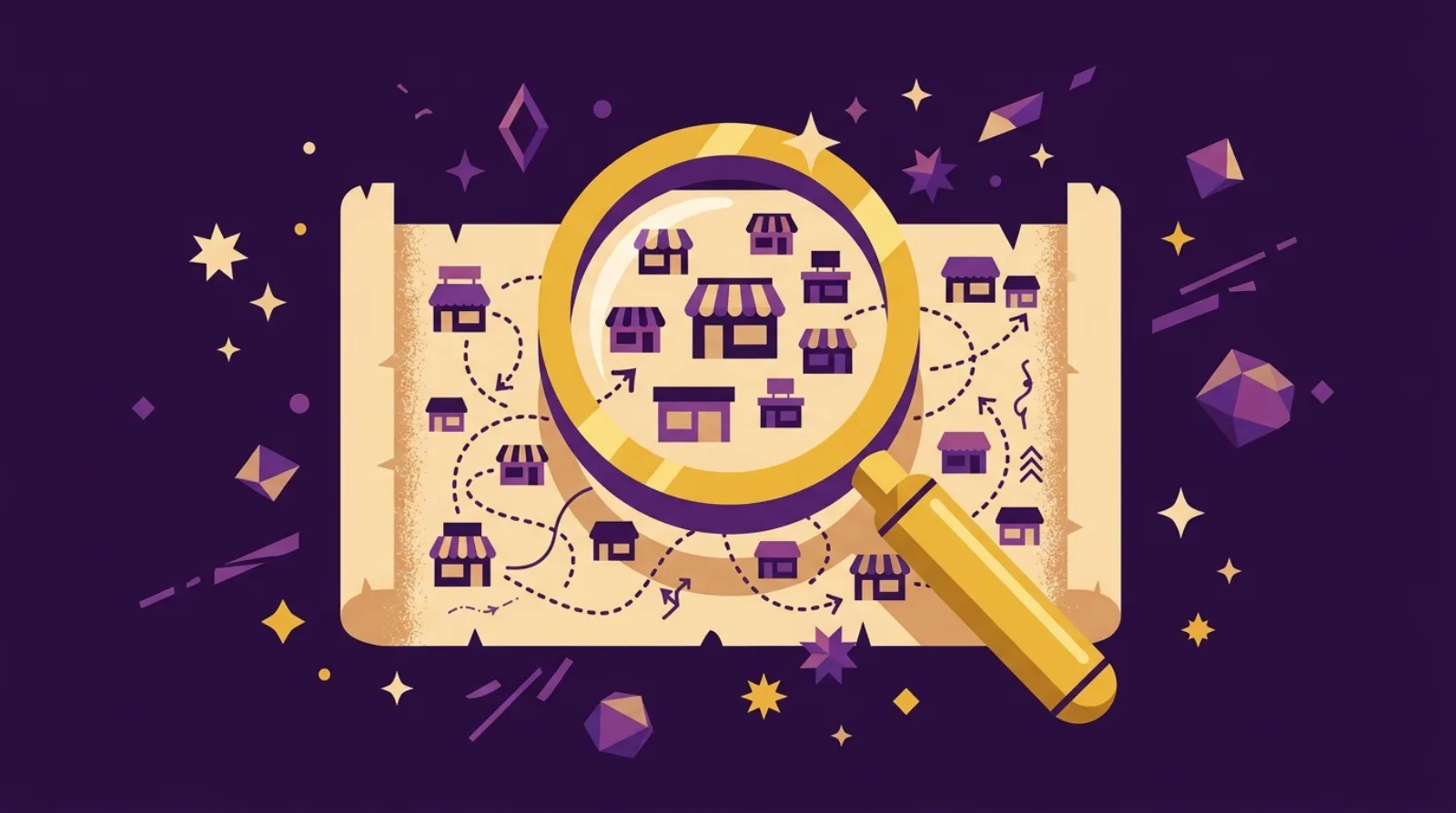 Illustration éditoriale plate d'une loupe dorée survolant une carte au trésor parsemée d'icônes de boutiques — meilleures marketplaces pour acheter des business en ligne