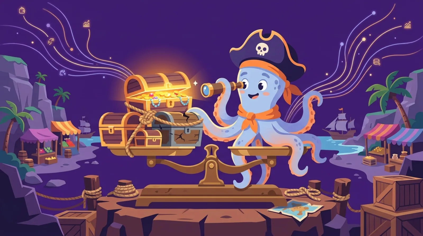 Flippy, la pieuvre pirate de Flipagora, trie quatre coffres au trésor différents reliés par une corde sur une balance, symbolisant l'évaluation de chaque actif dans un deal groupé multi-sites, fond violet foncé
