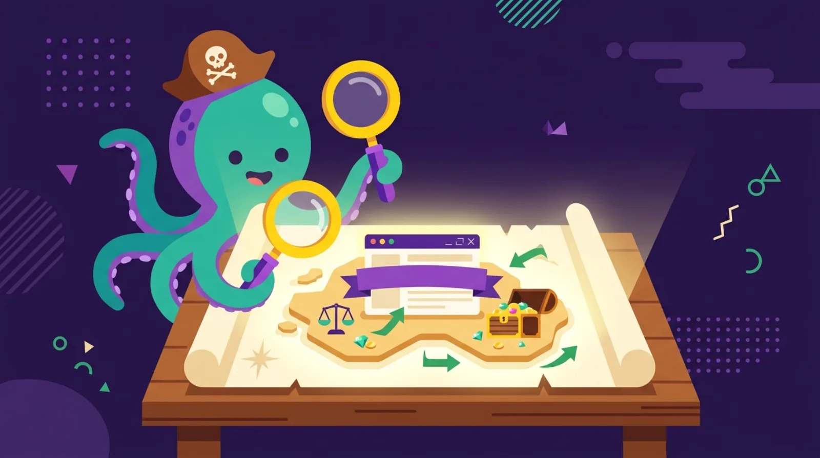 Illustration plate d'une mascotte pieuvre-pirate qui examine une carte au trésor lumineuse en forme de nom de domaine, fond violet foncé
