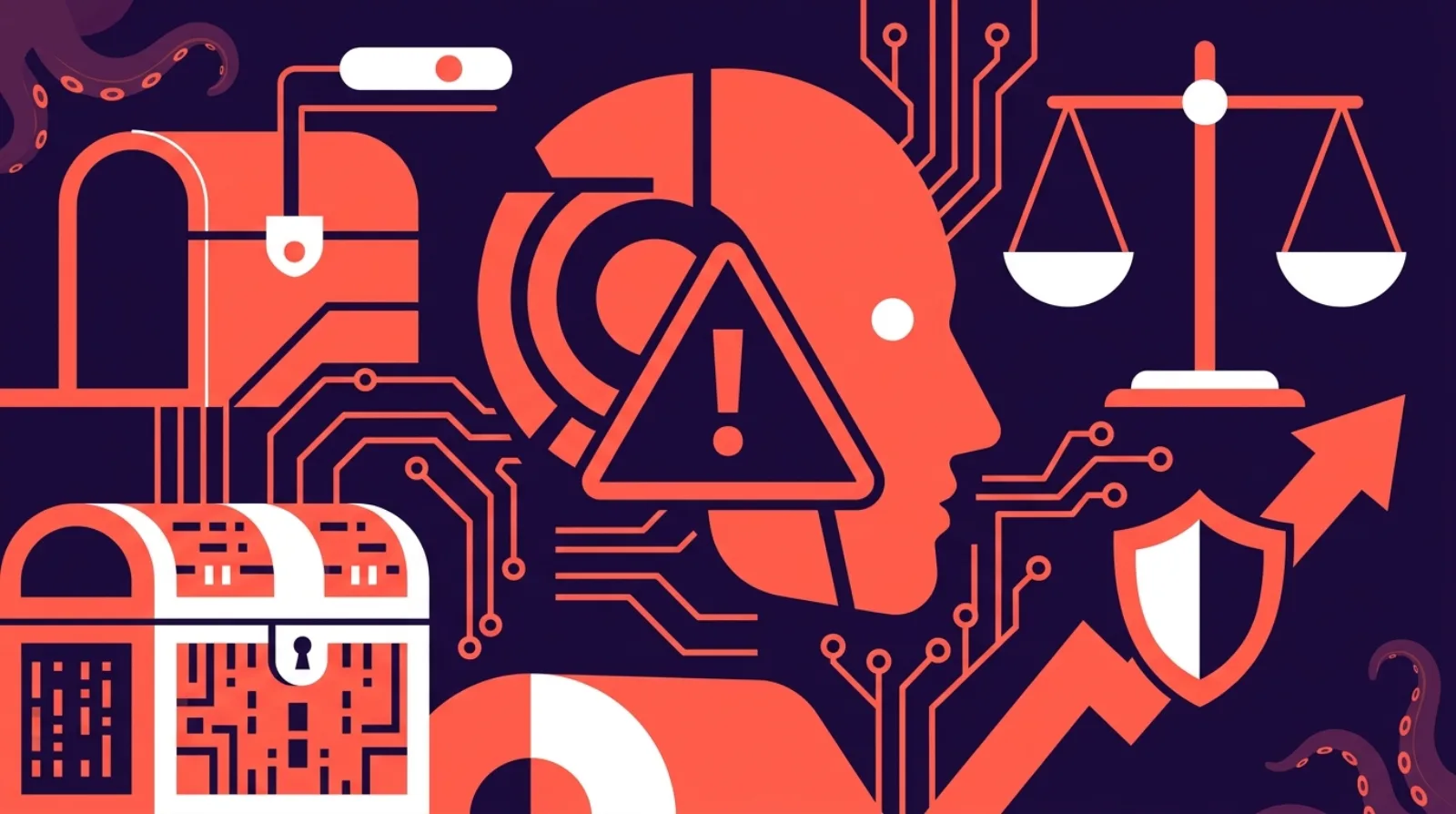 Illustration éditoriale plate sur fond violet foncé — Flippy la mascotte pieuvre inspectant un dashboard IA avec des engrenages d'automatisation et une carte au trésor, représentant la due diligence pour l'acquisition de SaaS IA