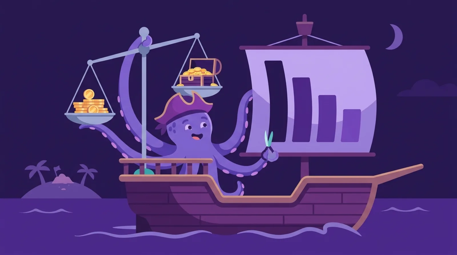 Illustration plate d'une mascotte pieuvre-pirate équilibrant une balance avec des pièces et un coffre au trésor sur un pont de navire, ajustant une voile-budget surdimensionnée, fond violet foncé