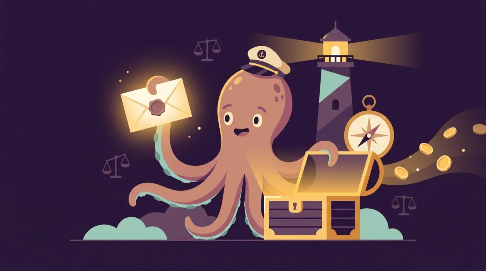 Illustration plate d'une pieuvre pirate postant une lettre d'annonce près d'un coffre au trésor, symbole de la fidélisation client après un rachat.
