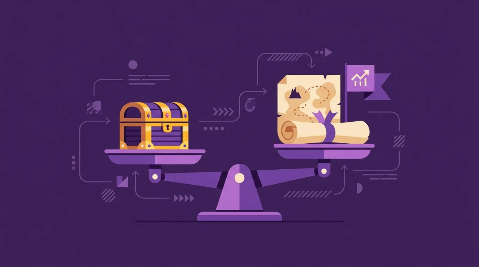 Flippy la pieuvre pirate de Flipagora équilibrant une balance entre un paiement initial en coffre au trésor et une carte de jalon d'earn-out futur pour une acquisition de business en ligne