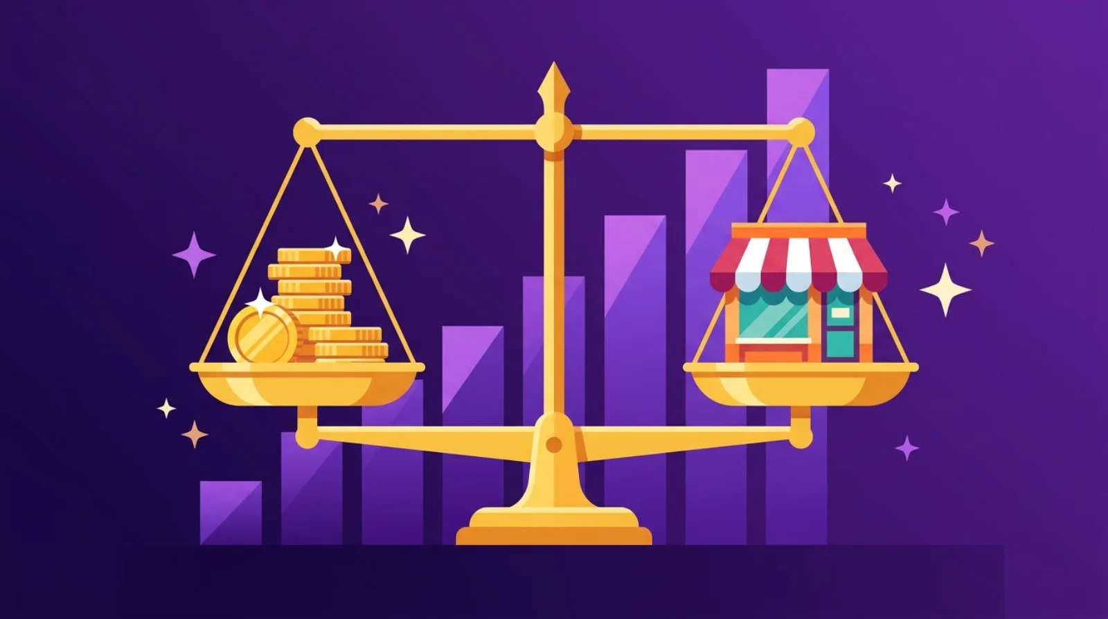 Illustration éditoriale plate d'une balance dorée pesant des pièces d'or face à une petite boutique, avec un graphique en barres ascendant en arrière-plan — multiples de valorisation d'un business e-commerce