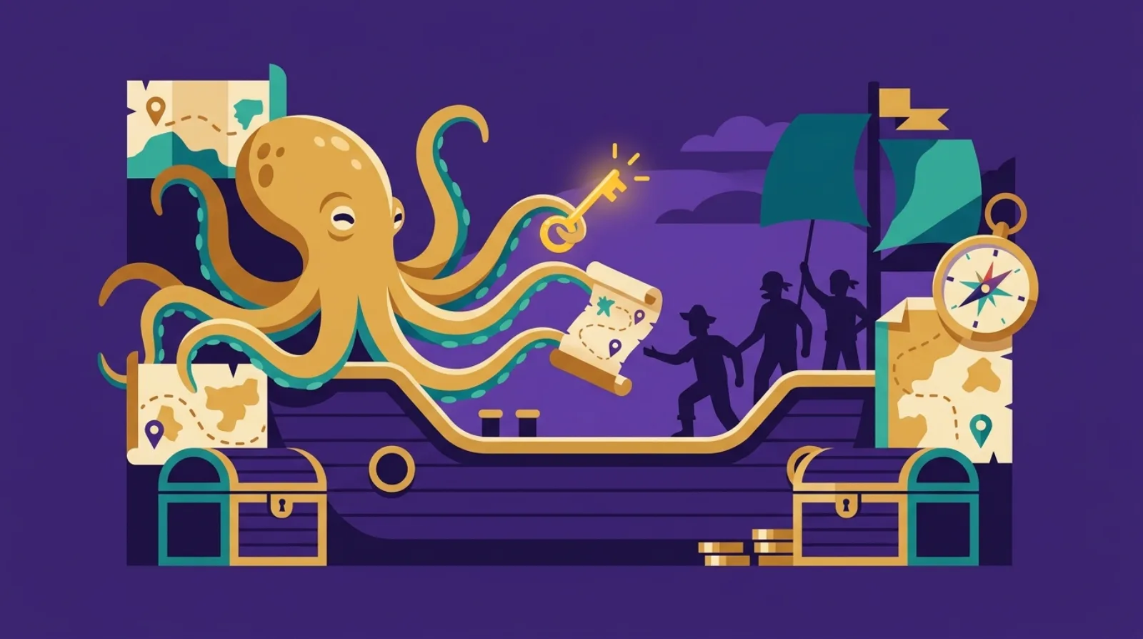 Editorial illustration of a friendly octopus passing a glowing key and map to a crew boarding a ship, symbolizing team handover after a business sale.