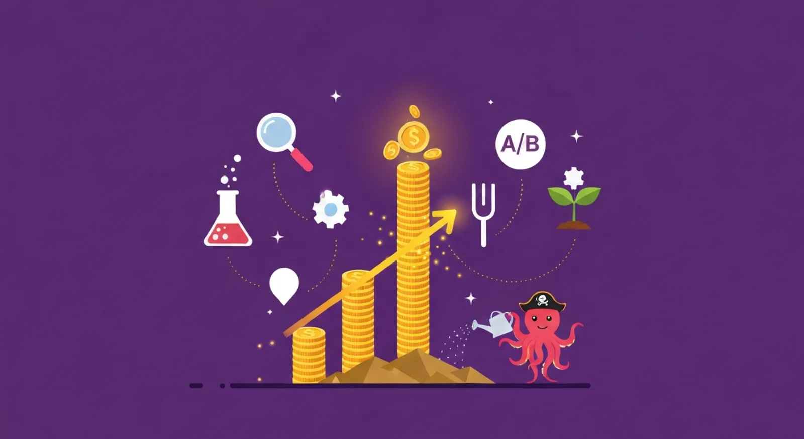 Flat editorial illustration of an octopus mascot watering a golden growth arrow rising from a treasure island, surrounded by experiment icons representing revenue optimization experiments for an acquired online business