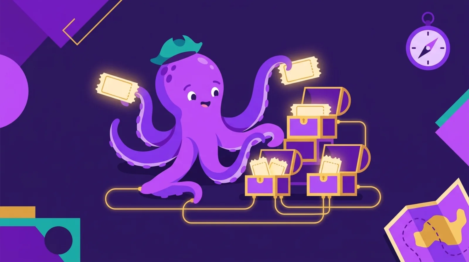 Illustration plate d'une mascotte pieuvre-pirate triant des tickets de coupons lumineux dans des coffres au trésor reliés par des câbles réseau, fond violet foncé