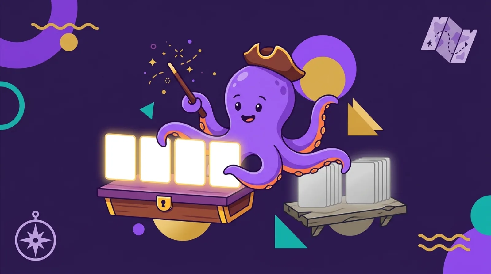 Illustration plate d'une mascotte pieuvre-pirate rangeant des cartes lumineuses de templates et de photos sur une étagère au trésor, fond violet foncé
