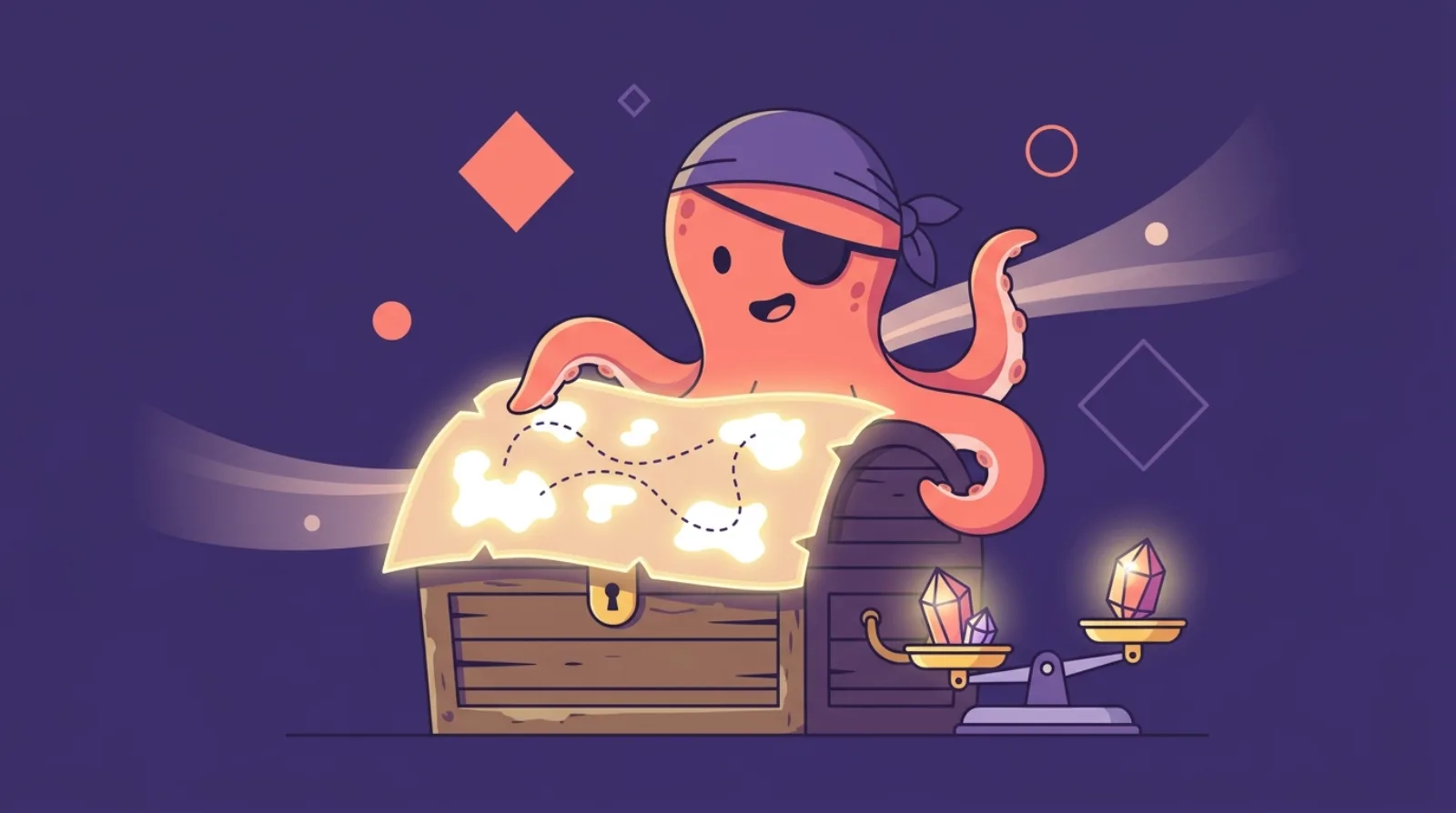 Flippy, la pieuvre pirate de Flipagora, examine une carte au trésor lumineuse avec des îles en forme de noms de domaine et une balance pesant des gemmes .com dorées, fond violet foncé