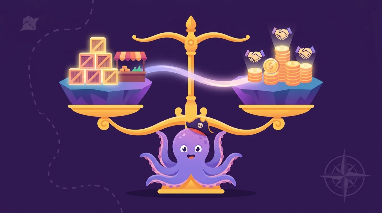 Illustration plate d'une mascotte pieuvre-pirate équilibrant une balance au trésor entre deux plateformes lumineuses de biens échangés, fond violet foncé