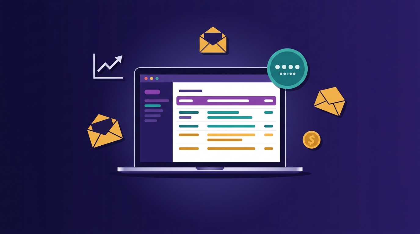 Illustration éditoriale d'une boîte de réception newsletter avec graphique de croissance des abonnés, métriques d'engagement et checklist d'acquisition sur fond violet sombre