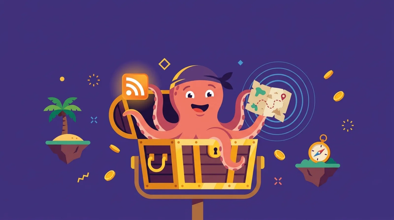 Illustration plate de Flippy, la pieuvre pirate mascotte de Flipagora, assise dans un micro en forme de coffre au trésor, tenant une icône de flux RSS lumineuse et une carte au trésor, fond violet foncé