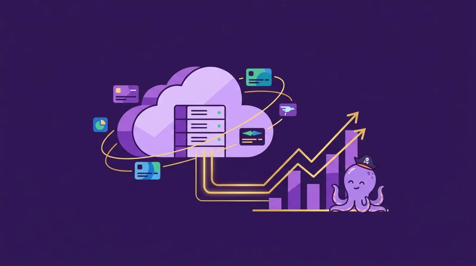 Illustration éditoriale plate d'un cloud contenant une baie de serveurs reliée à un graphique de croissance ascendant et une mascotte pieuvre — comment racheter un business SaaS