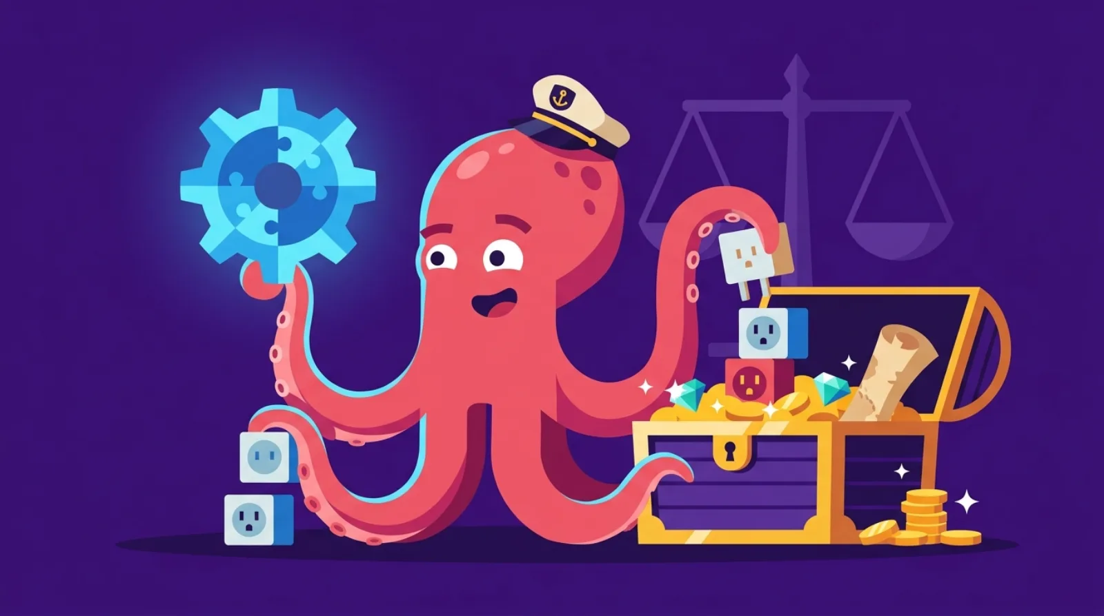 Flippy la pieuvre pirate tient un engrenage lumineux et empile des blocs plugin dans un coffre au trésor, symbole de la due diligence sur un business de plugin WordPress.