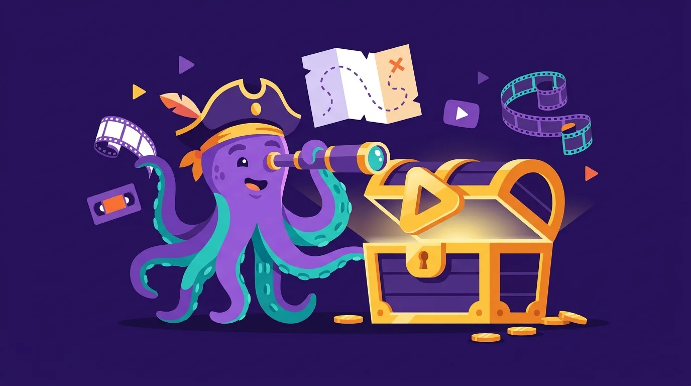 Flippy, la pieuvre pirate de Flipagora, examine un coffre au trésor en forme de bouton play lumineux, bobines vidéo flottantes, fond violet foncé