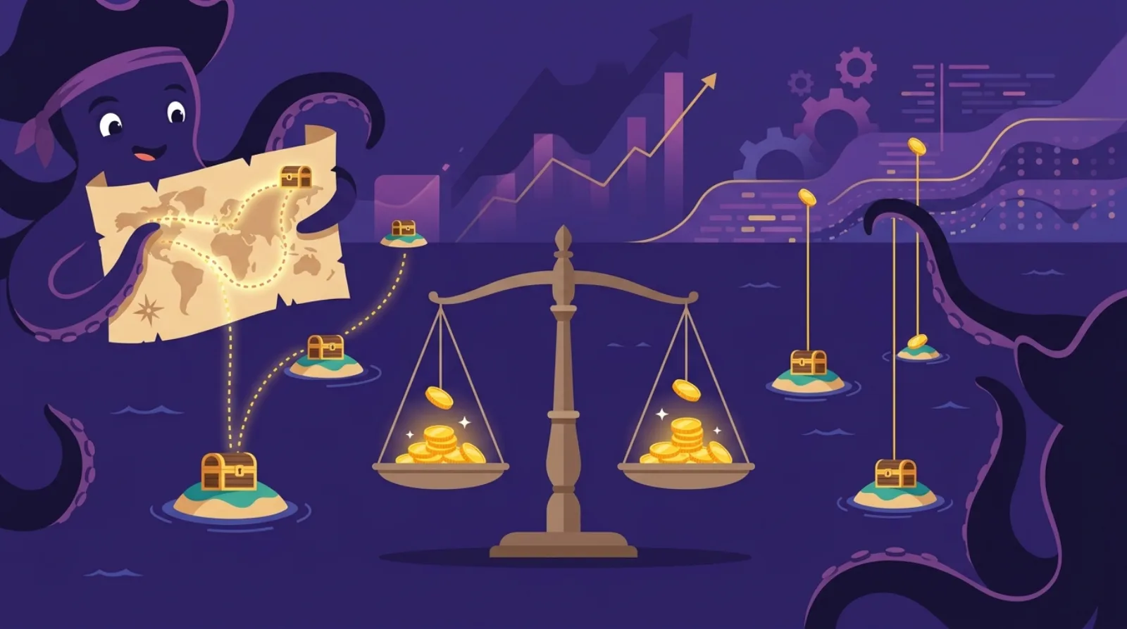 Illustration éditoriale d'une carte au trésor et d'une balance de valorisation entourées de flux de pièces provenant d'icônes de marketplaces, représentant l'achat d'un site d'affiliation, sur fond violet sombre