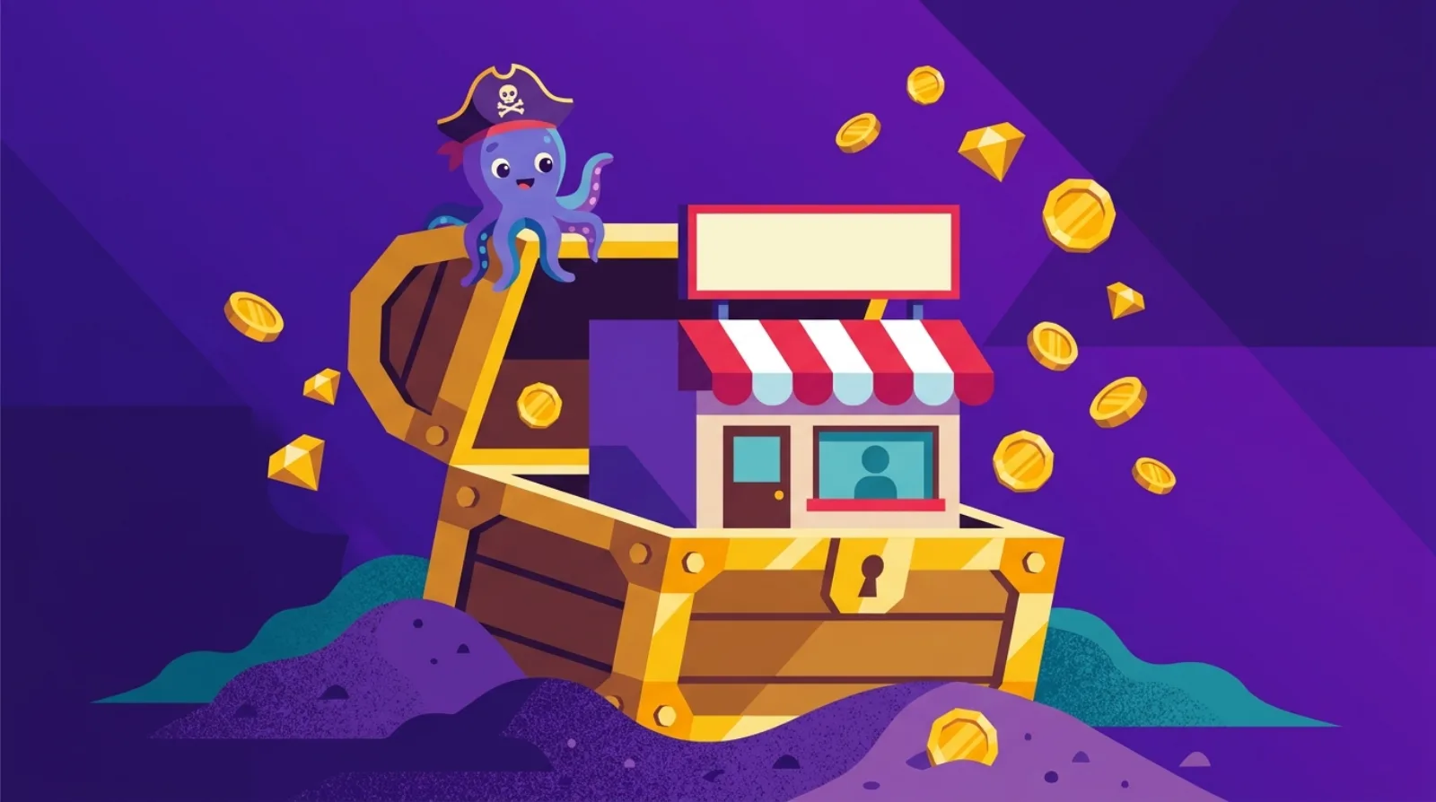 Illustration éditoriale plate d'un coffre au trésor doré ouvert d'où surgit une petite boutique, entouré de pièces d'or flottantes et d'une mascotte pieuvre — racheter un business e-commerce existant