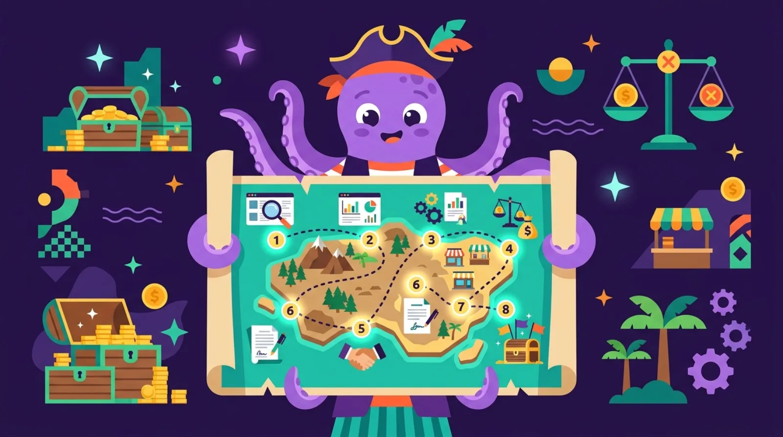 Flippy, la pieuvre pirate de Flipagora, tient une carte au trésor avec huit étapes numérotées, illustrant le processus d'achat d'un business en ligne, fond violet foncé