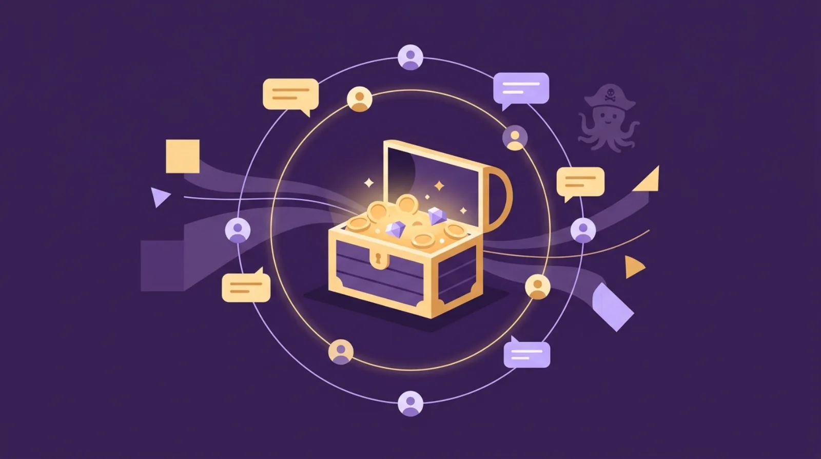 Illustration éditoriale d'un coffre au trésor entouré d'avatars de membres reliés et de bulles de discussion sur fond violet sombre, représentant l'achat d'une communauté en ligne payante