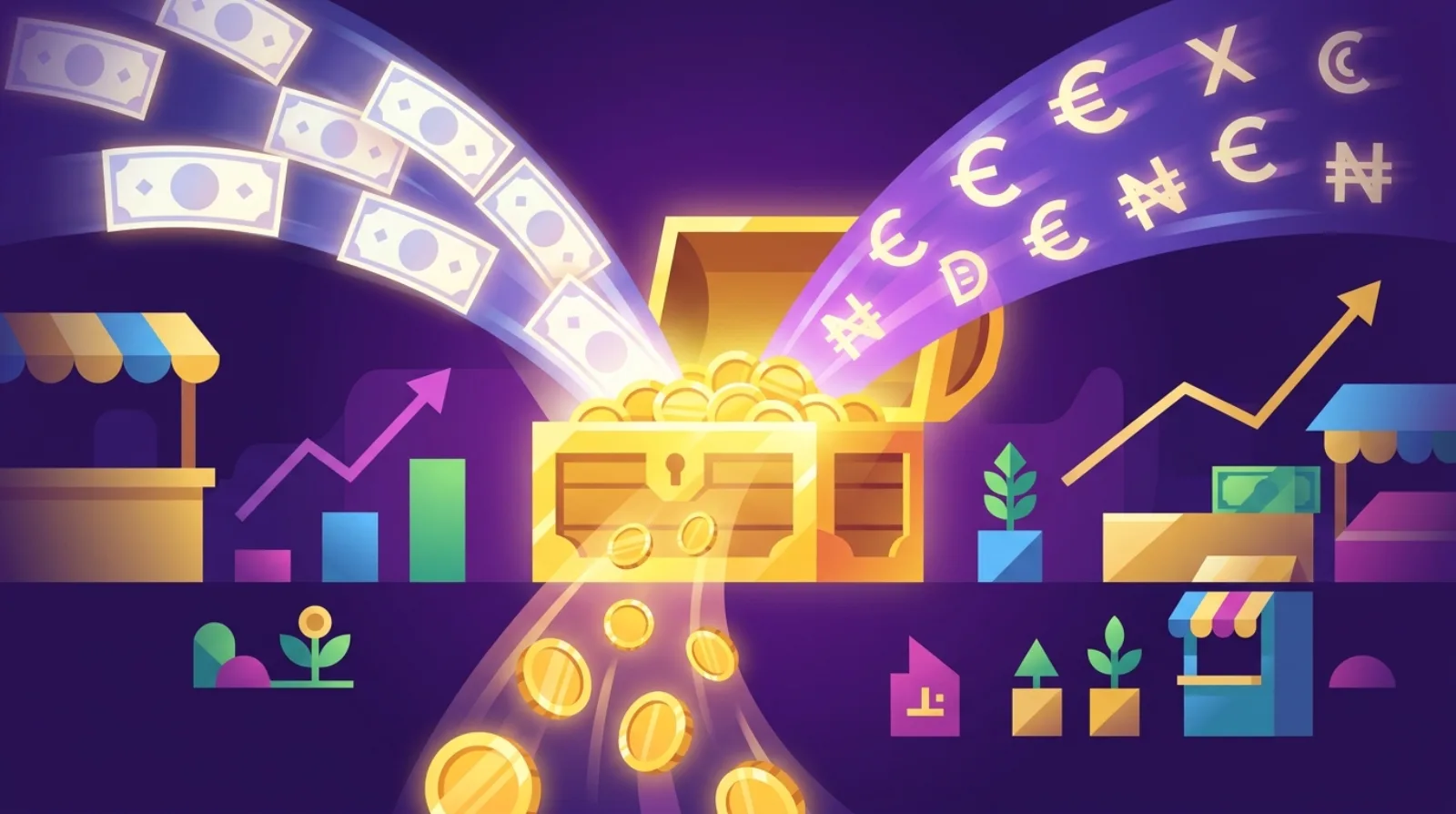 Illustration éditoriale plate d'un coffre au trésor relié à plusieurs flux de capitaux symbolisant le financement d'un rachat de business en ligne