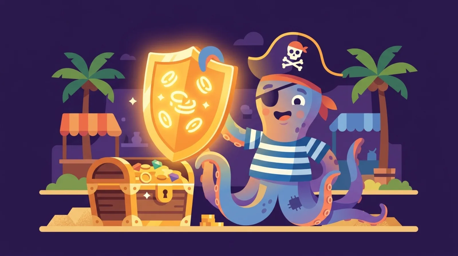 Illustration éditoriale plate de Flippy la mascotte pieuvre pirate tenant un bouclier lumineux au-dessus d'un coffre au trésor, symbolisant la couverture d'assurance