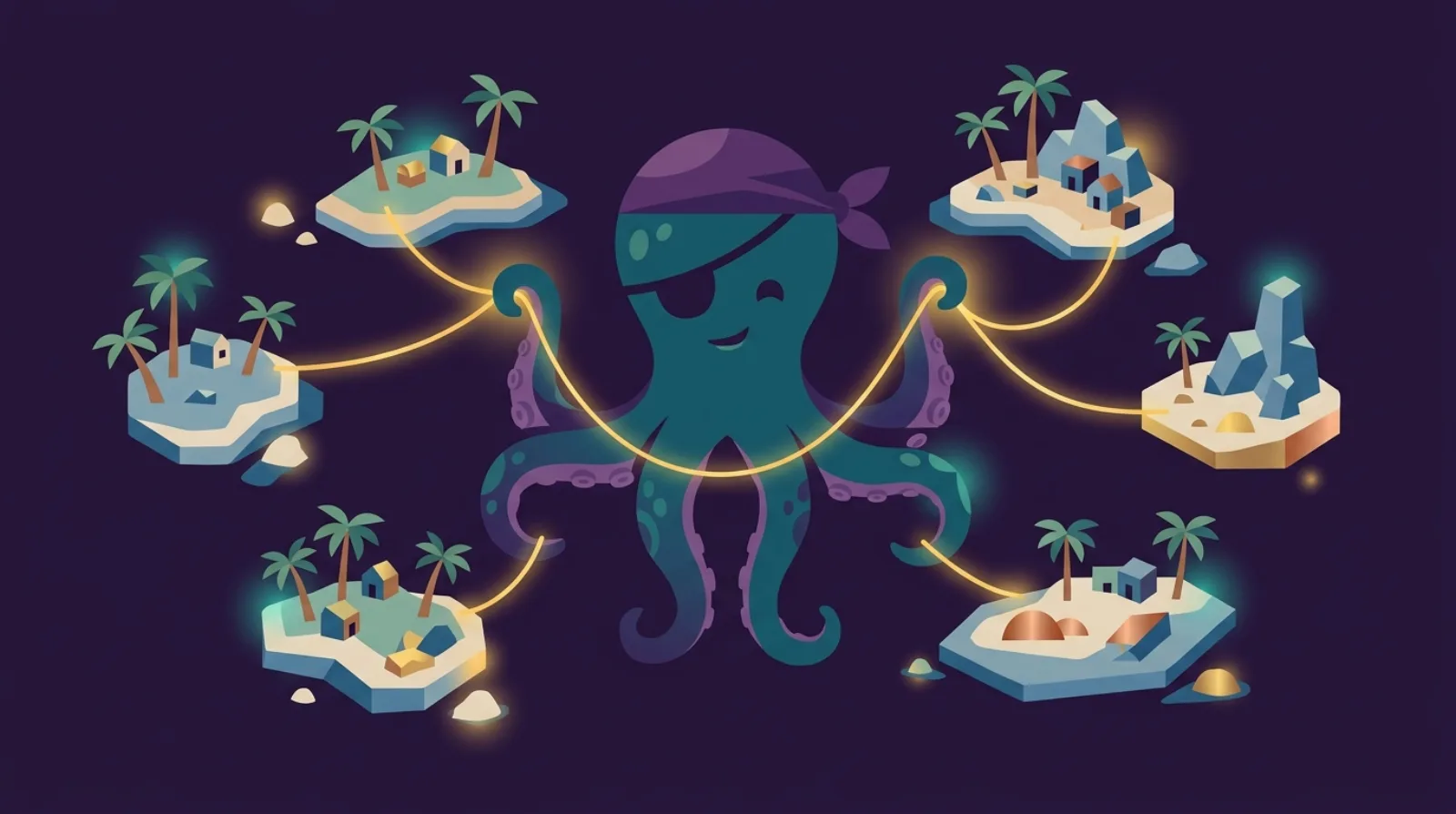 Illustration éditoriale plate d'une mascotte pieuvre pirate tenant un fil lumineux unique reliant des îles au trésor éparpillées, symbole du risque de personne clé