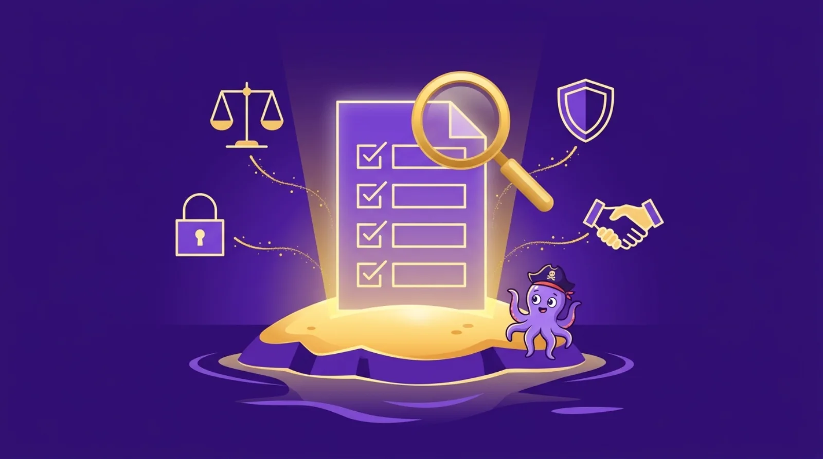 Illustration éditoriale d'une checklist de due diligence juridique avec documents contractuels, clauses surlignées et stylo — contexte d'acquisition de business en ligne