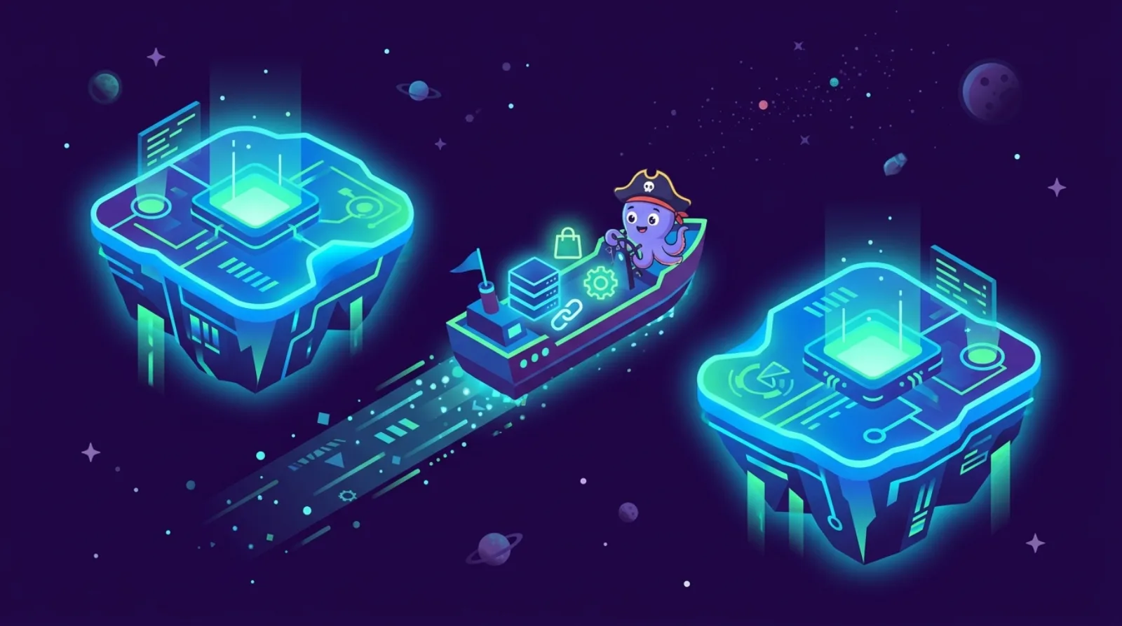 Illustration éditoriale plate d'un business en ligne transporté entre deux plateformes tech lumineuses par une barge à trésor, symbolisant une migration post-acquisition