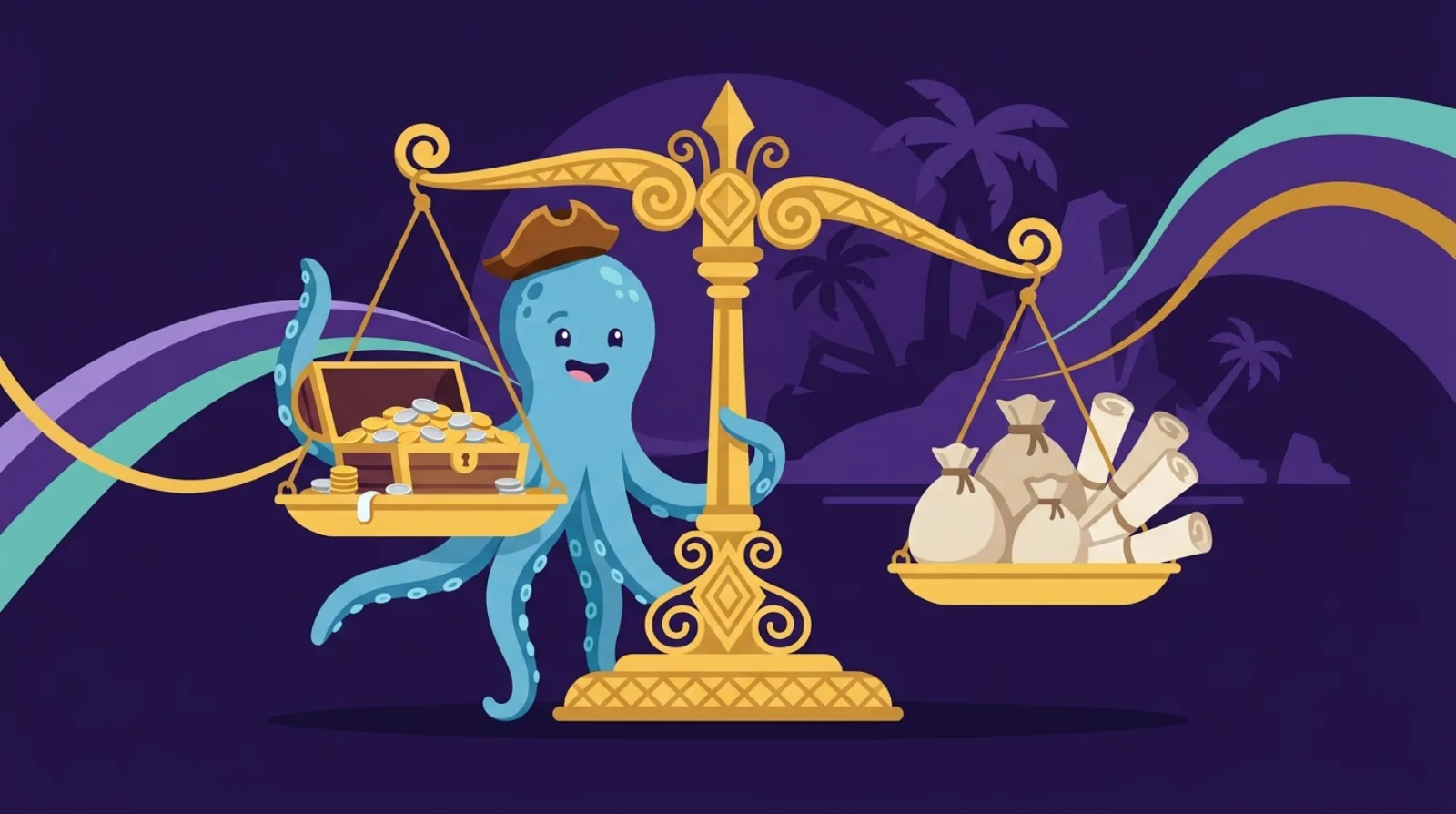 Illustration éditoriale plate de Flippy la mascotte pieuvre pirate à côté d'une balance dorée pesant un coffre au trésor face à des sacs de pièces et des rouleaux de registres, symbolisant un ajustement de fonds de roulement dans une acquisition de business en ligne