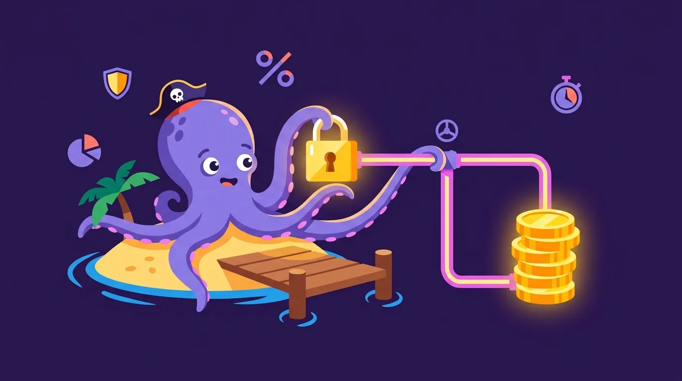 Flippy la pieuvre pirate surveille un coffre au trésor lumineux relié par des tuyaux dorés à une icône de paiement verrouillée, symbole de la due diligence sur les prestataires de paiement