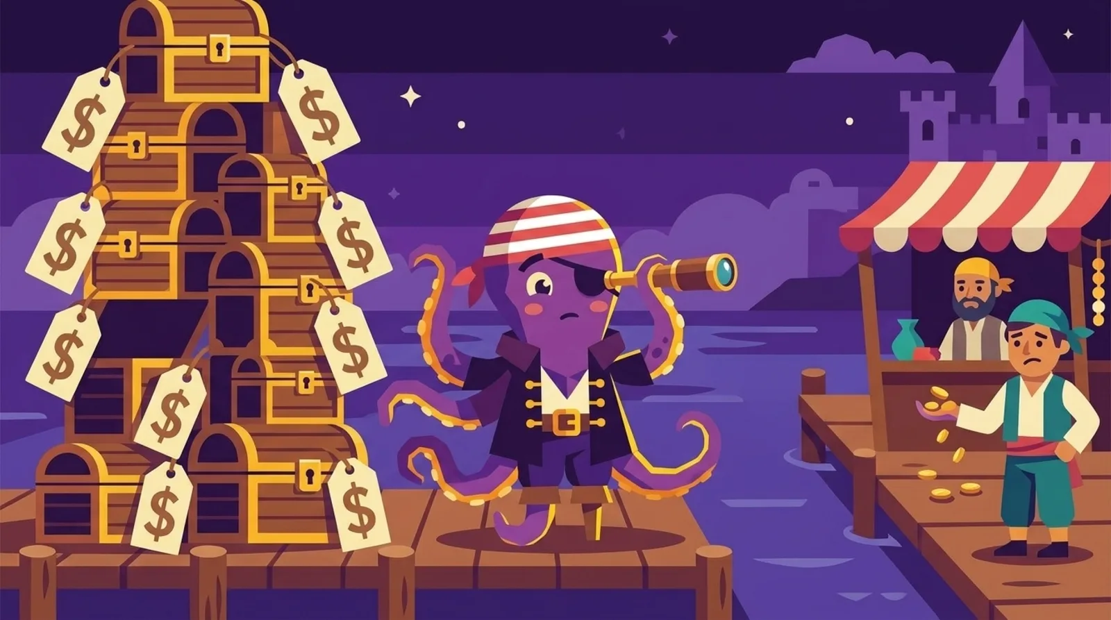 Octopus pirate mascot with a spyglass on a dock between a towering stack of price-tagged treasure chests and a buyer offering a few gold coins, symbolizing the pre-revenue gap