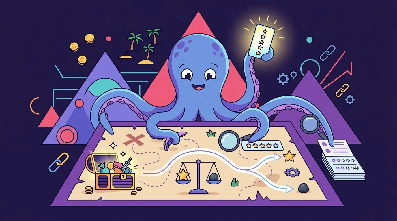 Illustration éditoriale plate d'une mascotte pieuvre pirate triant de vraies et de fausses cartes d'avis étoilés sur une carte au trésor, symbole de la due diligence réputation.