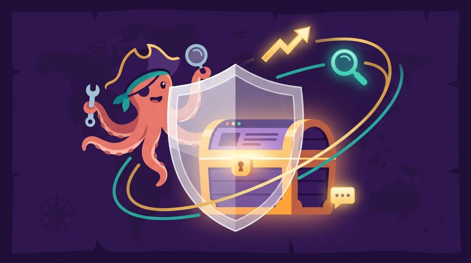 Illustration d'un bouclier lumineux protégeant une icône de site web, entouré d'une flèche de positionnement et d'une loupe, clin d'œil pieuvre, fond violet