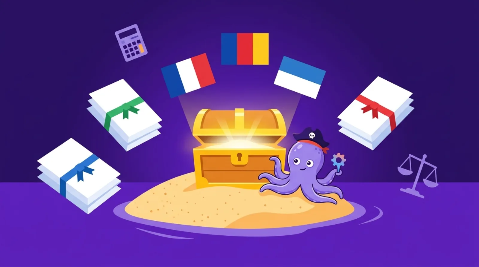 Illustration éditoriale plate d'un coffre au trésor entouré de piles de documents enrubannés et de formes abstraites de drapeaux flottants, symbolisant les considérations fiscales transfrontalières lors du rachat d'un business en ligne