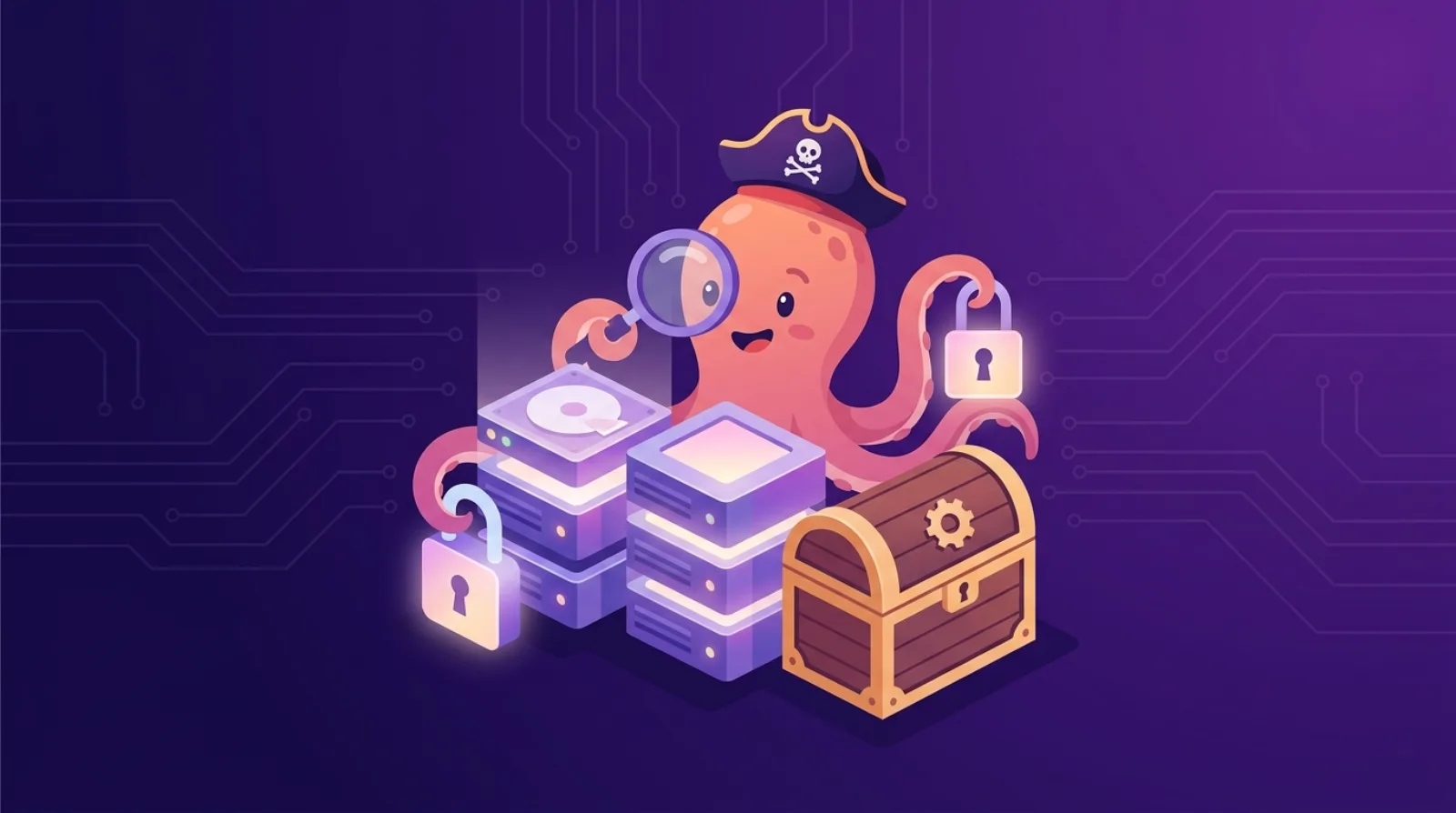 Illustration éditoriale plate d'une mascotte pieuvre pirate inspectant des serveurs lumineux et un coffre au trésor verrouillé, symbole de la due diligence technique.
