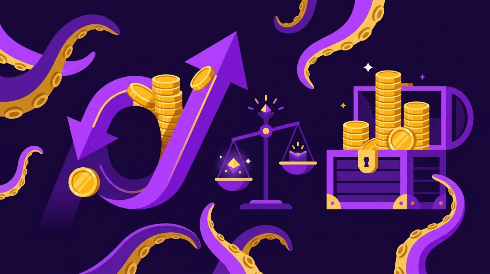 Illustration à plat sur fond violet foncé montrant le cycle du website flipping avec des tentacules de pieuvre, un coffre au trésor et des piles de pièces d'or