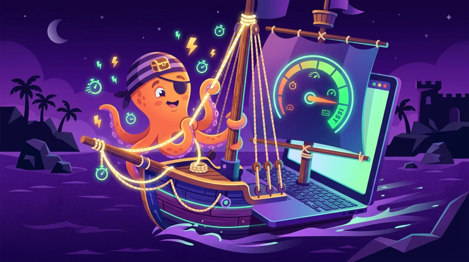 Illustration éditoriale plate d'une mascotte pieuvre pirate resserrant le gréement d'un bateau en forme d'ordinateur portable avec un compteur de vitesse lumineux, symbole de l'optimisation de la performance après l'achat d'un business en ligne
