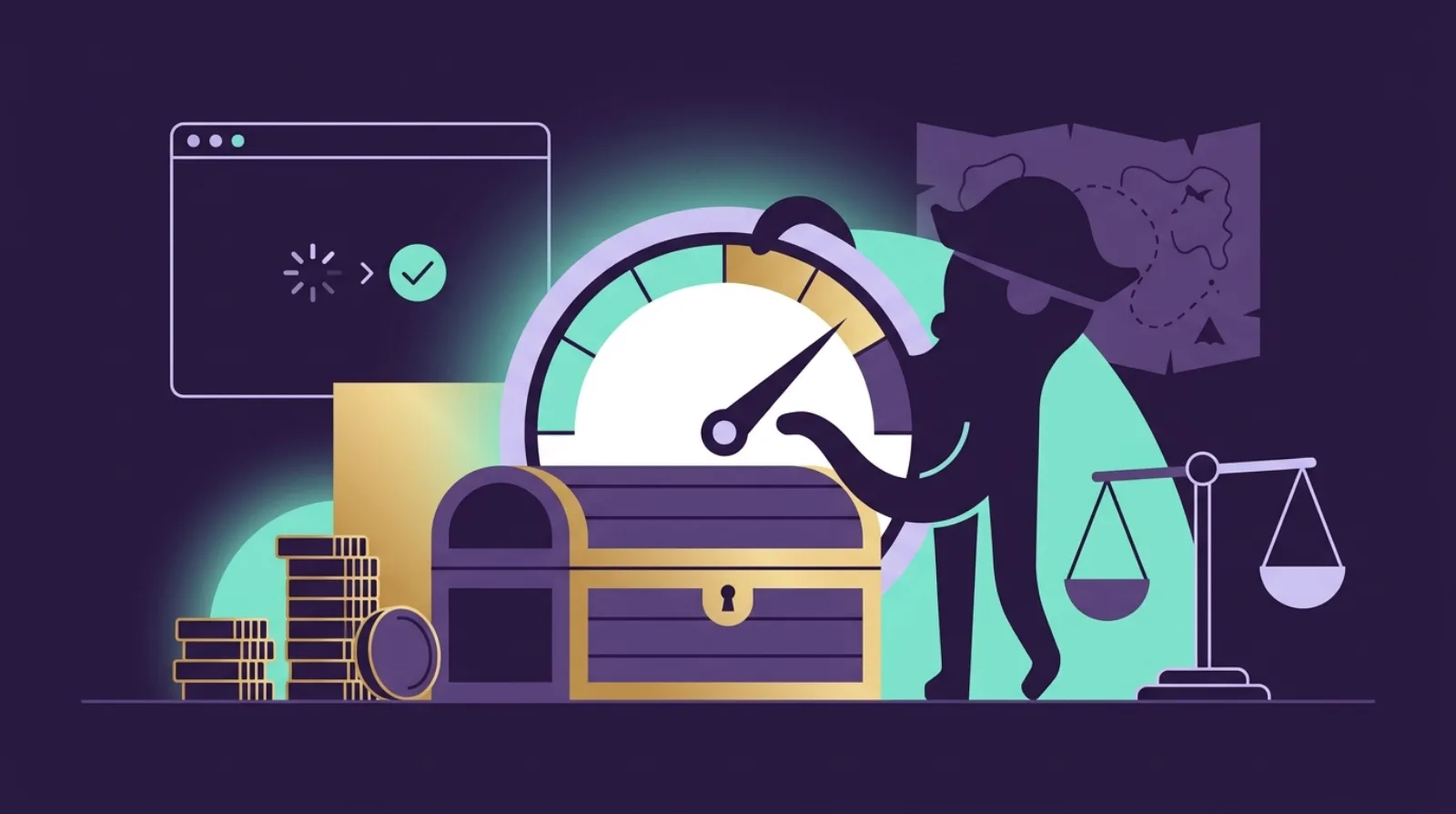 Flippy la pieuvre pirate observe un compteur de vitesse lumineux posé sur un coffre au trésor, symbole de la due diligence vitesse et Core Web Vitals