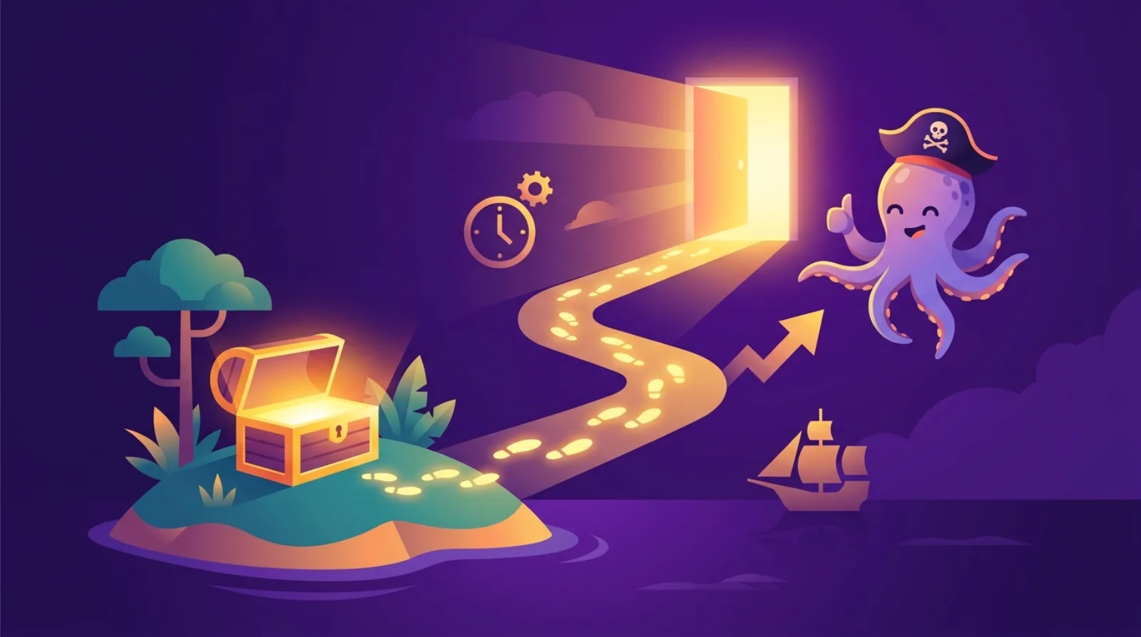 Illustration éditoriale plate d'un coffre au trésor avec un chemin lumineux doré menant à une porte ouverte rayonnante, symbolisant la stratégie de sortie d'un rachat de business en ligne